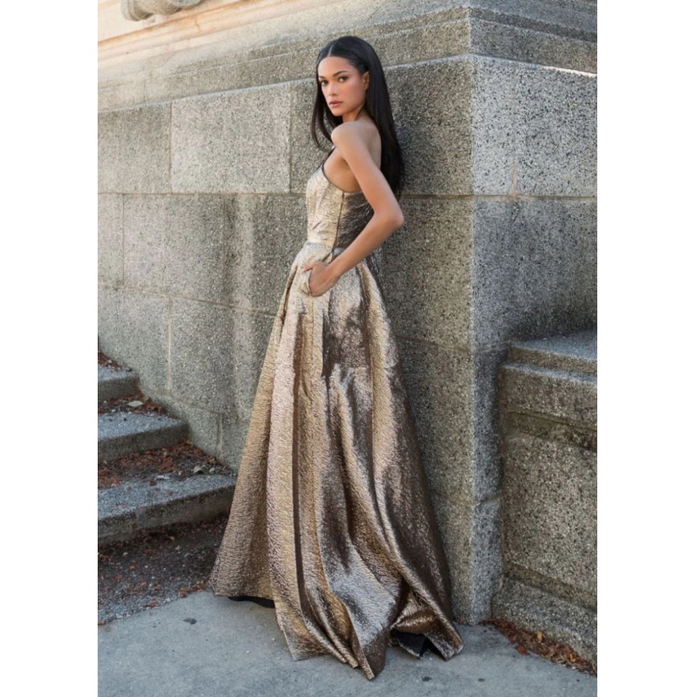 Mac Duggal Gold One Shoulder Metallic Ballgown